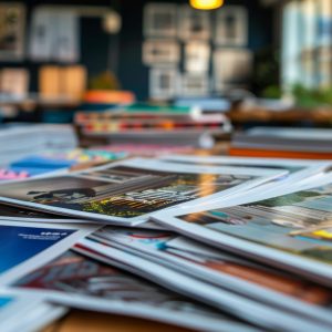 A stack of various colorful magazines spread out on a table in a cozy, well-lit reading room or cafe.